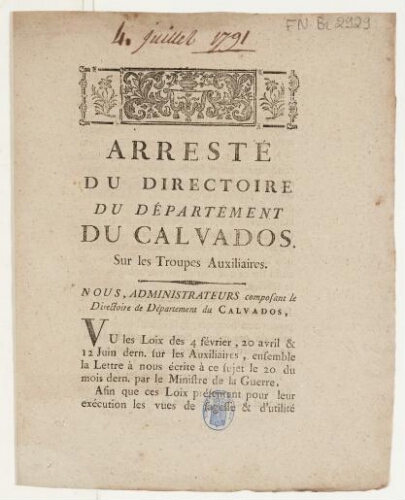 Arresté du Directoire du département du Calvados, sur les troupes auxilliaires